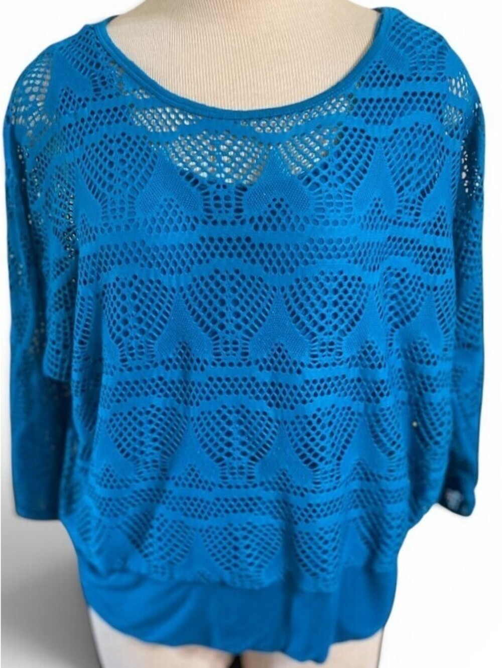 Multiples Womens XL Teal Open Knit Crochet Dolman Batwing Lined Boat Neck Top